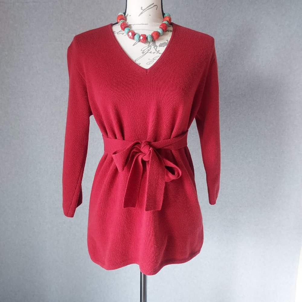 Vintage Max Mara Made in Italy Wool Cashmere Sweater Tie-Waist-Neck Red Women M